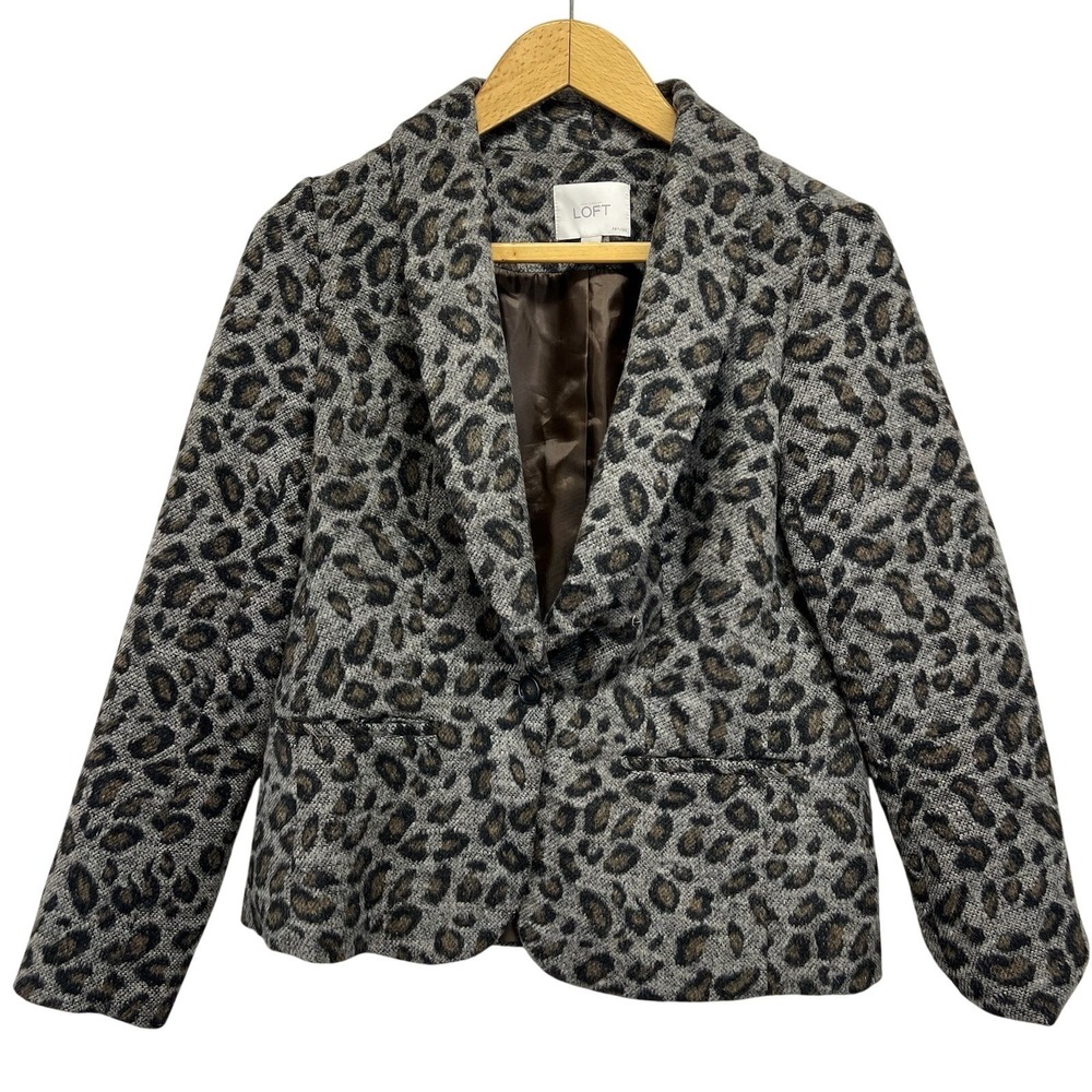 Ann Taylor LOFT Leopard Print Blazer Womens SP Gray Brown Wool Blend One Button